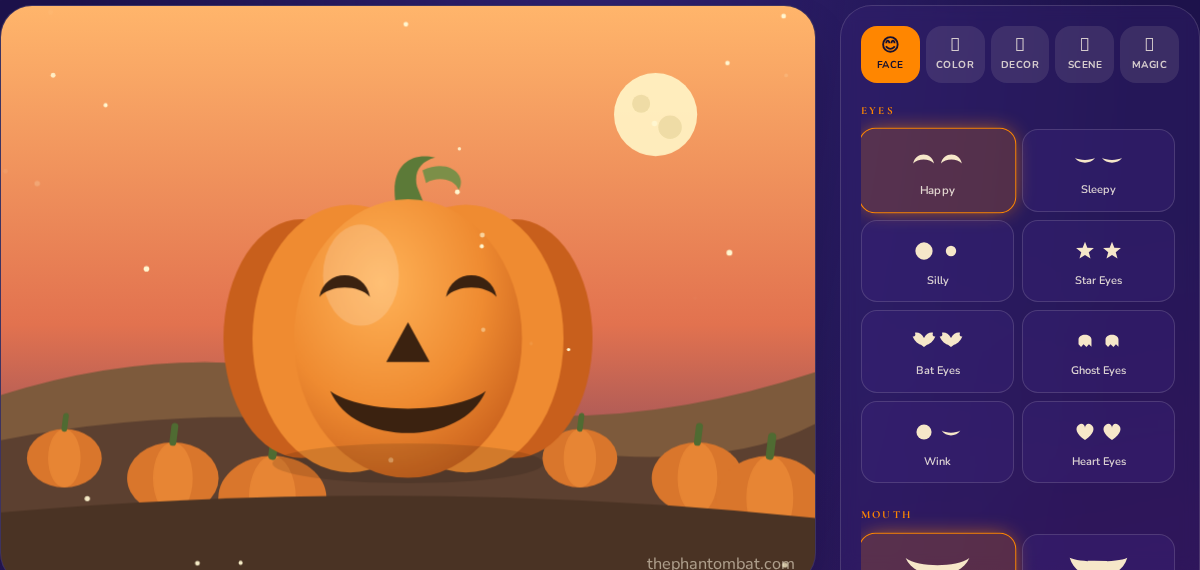 Phantom Bat Pumpkin Studio: decorating a glowing jack-o'-lantern online with eyes, mouths and Halloween decorations
