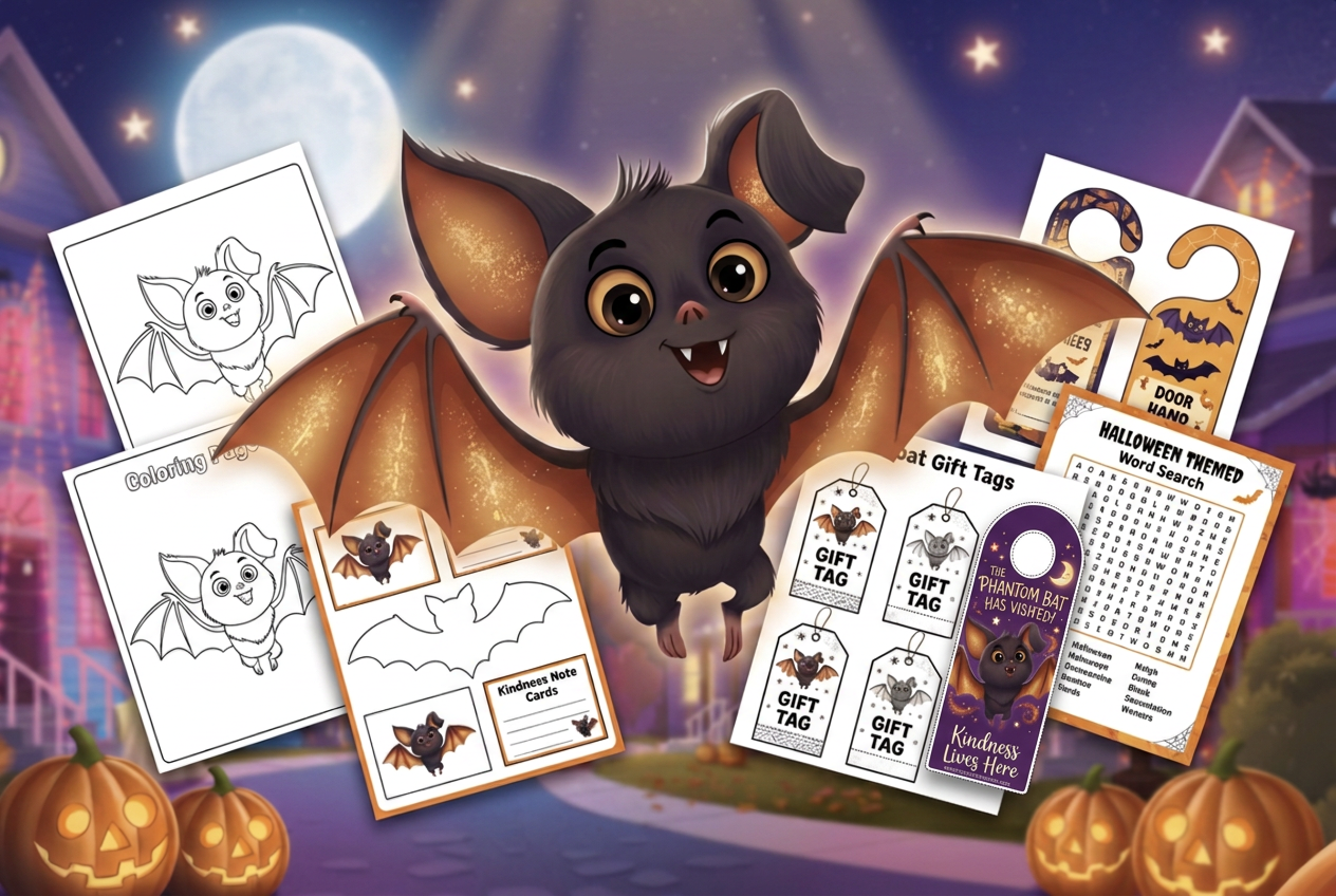 The Phantom Bat surrounded by free printable activity sheets