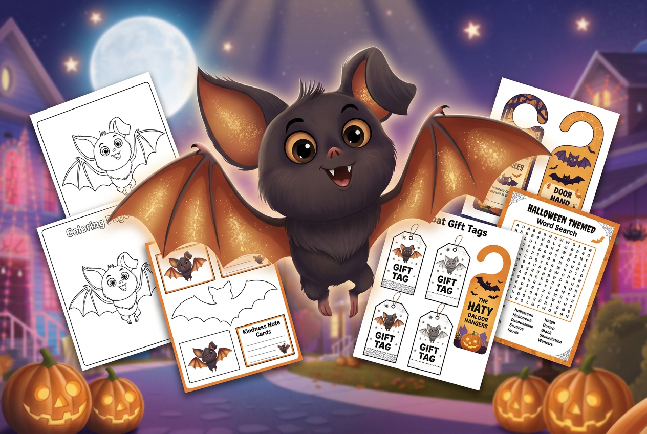 The Phantom Bat surrounded by free printable activity sheets
