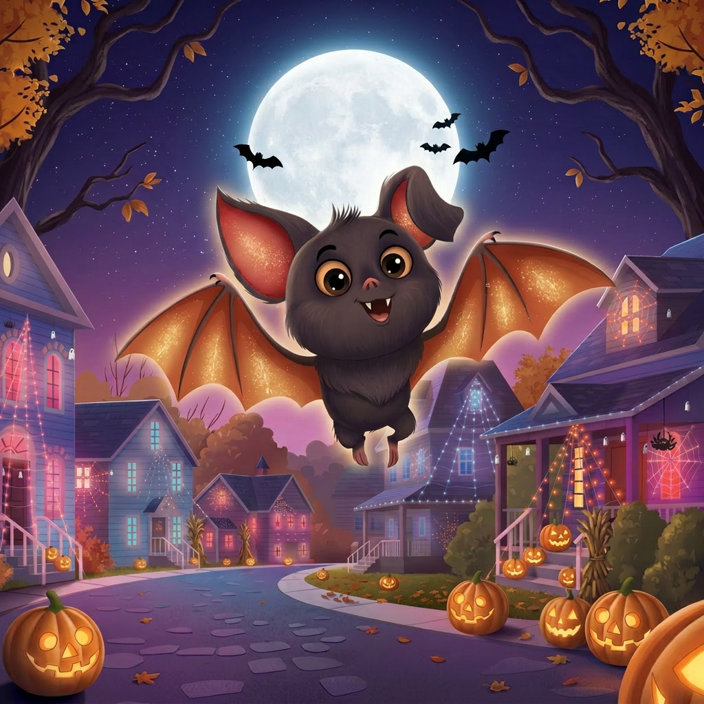 The Phantom Bat flying over a cozy Halloween village