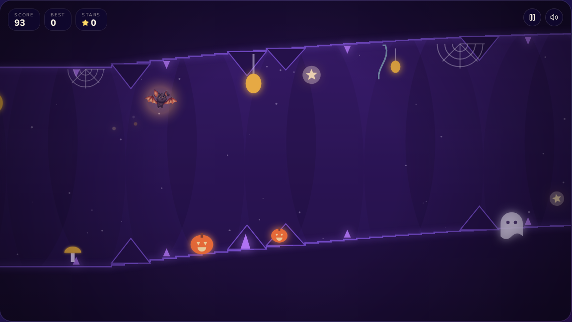The Phantom Bat's Cave Flight gameplay: the Phantom Bat flying through a glowing Halloween cave with pumpkins, ghosts and Kindness Stars
