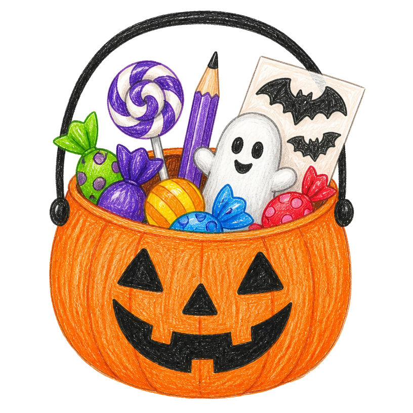 A jack-o-lantern bucket filled with Halloween treats