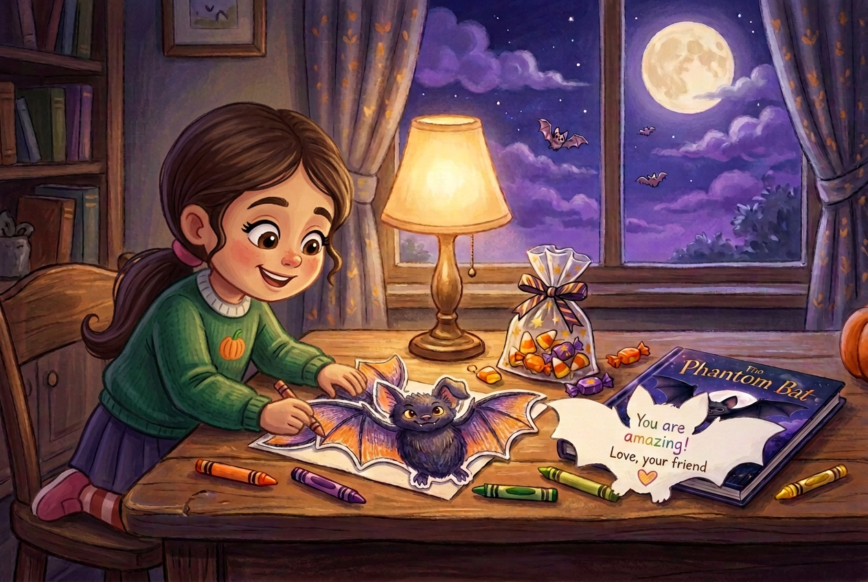 Illustration of a child assembling a Phantom Bat Bundle — a colored bat with a kind note written on its back, the Phantom Bat storybook, and a small treat bag