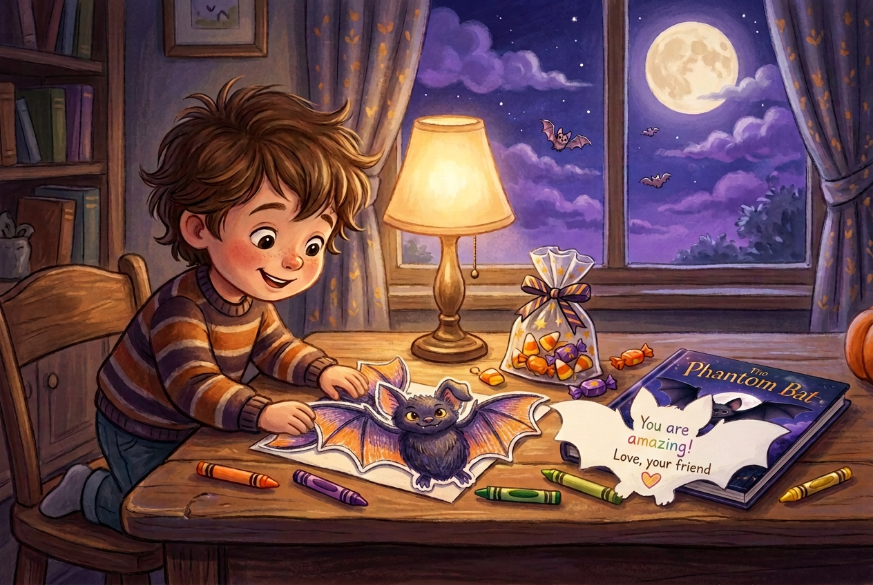 Illustration of a child assembling a Phantom Bat Bundle — a colored bat with a kind note written on its back, the Phantom Bat storybook, and a small treat bag